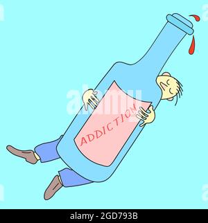Karikatur eines Alkoholikers. Alkoholismus. Ein Mann schläft ein und umarmt sich mit einer Flasche Stock Vektor