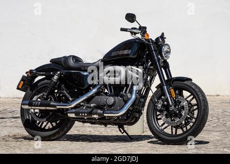 Harley Davidson Roadster 1200 Motorrad auf dem Bürgersteig geparkt Stockfoto