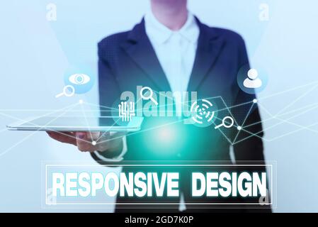 Konzeptionelle Darstellung Responsive Design. Internet-Konzept Web-Seite Erstellung, die Verwendung von flexiblen Layouts Frau in Uniform Anzeige Mobile Device macht Stockfoto