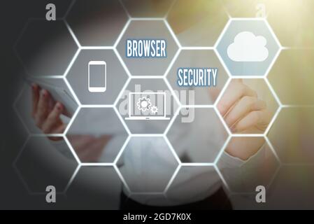 Inspiration zeigt Zeichen Browser Sicherheit. Konzeptionelle Fotosicherheit für Webbrowser zum Schutz vernetzter Daten Lady Holding Tablet Pressing Stockfoto