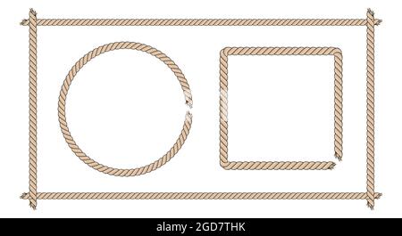 Quadratische und runde Rahmen aus dickem braunem Seil. Seilumrandung. Flache Vektorgrafik isoliert auf weißem Hintergrund. Stock Vektor