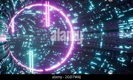 Futuristisches 3D-Rendering im Neonlicht-Sci Fi-Tunnel Stockfoto