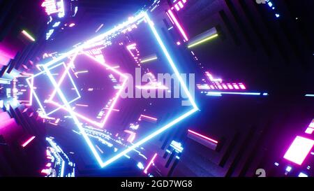Cyberpunk Neon Light Space Tunnel 3D-Illustration Stockfoto
