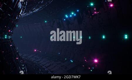 Neon Glitter Space Mechanical Tunnel 3D Rendering Stockfoto