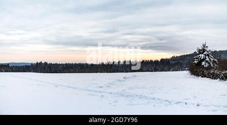 Wunderschöne Panorama-Landschaft mit viel Schnee im Winter in Hessen Stockfoto