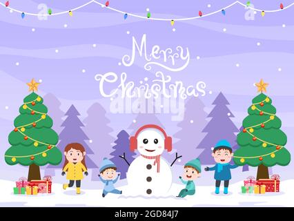 Happy Celebrating Christmas Day mit Kids und Schneemann, der Dekoration Baum und einige Geschenk. Hintergrund Vektorgrafik Stock Vektor