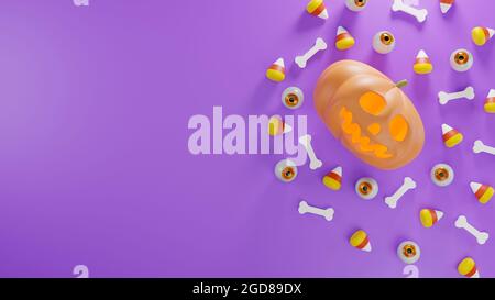 Halloween's Day Konzept. Niedlicher Kürbis Geist, Knochen und Augapfel, Feier Halloween Event Vorlage minimal Stil auf lila Hintergrund, 3D-Rendering Stockfoto