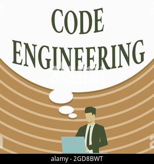 Schild mit Code Engineering. Konzept Bedeutung der Anwendung von Engineering auf die Entwicklung von Software Geschäftsmann in Suit Drawing mit Laptop Stockfoto