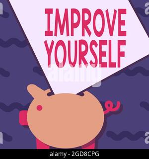 Melden Sie sich an, um sich zu verbessern. Geschäftsidee sich selbst zu einer besseren oder kenntnisfähigere Person machen Piggy Bank Zeichnen mit großem Blatt Papier Stockfoto