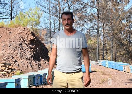 Marmaris, Türkei. August 2021. Yasar Karayigit ist Imker. Seine Bienen hält er in der Regel in der Nähe des Dorfes Osmaniye in der Region Marmaris. Die Imker müssen hart mit den Folgen der Waldbrände kämpfen, denn viele der verbrannten Bäume sind für die Produktion von Kiefernhonig unverzichtbar. Quelle: Anne Pollmann/dpa/Alamy Live News Stockfoto