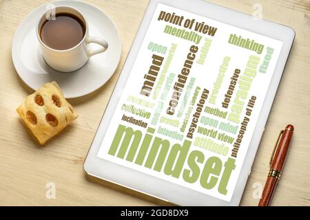 Mindset Wortwolke auf einem digitalen Tablet mit einer Tasse Kaffee und Cookie Stockfoto