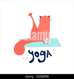 Niedliches Vektor-Poster von Hand gezeichnete Katze und Schriftzug Yoga. Die Katze übt auf einer Yogamatte. Gesunde Lifestyle-Illustration für Print, Textilien, T-Shirts, Karten, Aufkleber, Poster. Stock Vektor