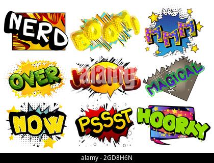 Nerd, Boom, MMM, Over, Home, Magical, Now, Pssst, Horay - Cartoon Words, Text-Effekt. Sprechblase. Comics Wording Soundsammlung. Set für Ihren CO Stock Vektor