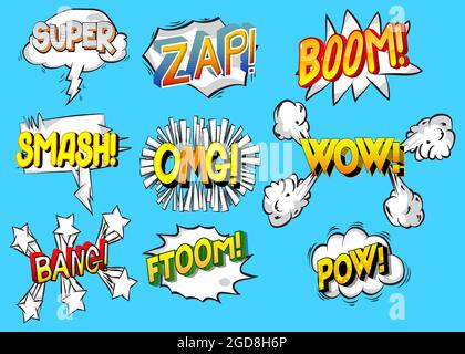 Super, Zap, Boom, Smash, OMG, WOW, Bang, Ftoom, Pow - Cartoon Words, Text-Effekt. Sprechblase. Comics Wording Soundsammlung. Set für deinen Comic b Stock Vektor