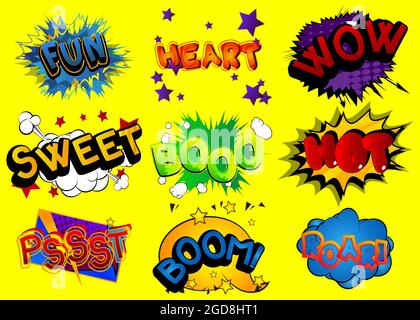 Spaß, Herz, Wow, Sweet, Booo, Hot, Pssst, Boom, Roar - Cartoon Words, Text-Effekt. Sprechblase. Comics Wording Soundsammlung. Set für Ihren Comic Stock Vektor