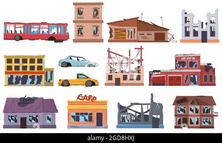 Verlassene beschädigte kaputte Gebäude Häuser und Autos. Alt ausgebrannt, Ärger Zerfall Häuser Fassaden, Autos, Stadtbus Vektor Illustration Set Stock Vektor