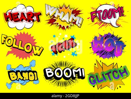 Heart, Wham, Ftoom, Follow, Free, Hot, Bang, Boom, Glitch - Cartoon Words, Text-Effekt. Sprechblase. Comics Wording Soundsammlung. Für Ihr c Stock Vektor