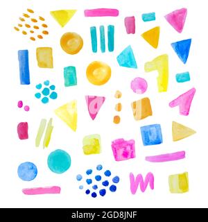 Aquarell abstrakte geometrische Formen in hellen Freude Süßigkeiten Farben auf weißem Hintergrund isoliert. Stock Vektor
