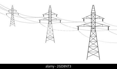 Freileitung. Elektrische Stromübertragung, Hochspannungsleitungen liefert Strom. Elektrische Traufe, die in die Ferne abfahren. Flaches illu Stockfoto