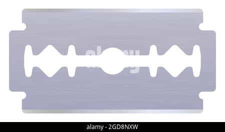 Realistische Rasierklinge. Strukturierte Metall-Sicherheitsrasierer-Form. Eine moderne, doppelschneide Rasierklinge. 3D-Illustration isoliert auf weißem Hintergrund. Stockfoto