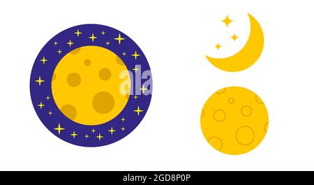 Mondsymbol gesetzt. Mond im All, Halbmond mit Sternen. Mond in Krater. Flache Abbildung isoliert auf weißem Hintergrund. Stockfoto