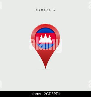 Teardrop-Kartenmarkierung mit Flagge Kambodschas. Kambodschanische Flagge in die Ortskennzeichnung eingefügt. 3D-Darstellung auf hellgrauem Hintergrund isoliert. Stockfoto