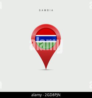 Teardrop-Kartenmarkierung mit Flagge von Gambia. Gambische Flagge in den Pin der Standortkarte eingefügt. 3D-Darstellung auf hellgrauem Hintergrund isoliert. Stockfoto