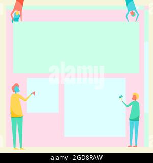 Vier Kollegen Zeichnen Im Stehen Halten Einer Leerfolie Unterschiedlicher Größe Mit Symbolen. Teamkollegen Design Tragen Leeres Whiteboard. Stock Vektor