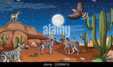 Tiere leben in Wüstenwaldlandschaft bei Nacht Szene Illustration Stock Vektor