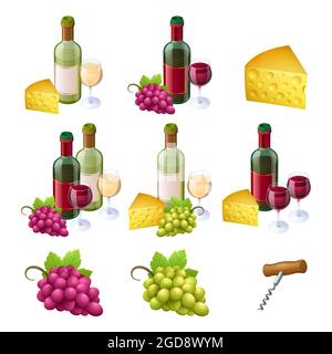 Set aus Weinflaschen, Gläsern, Käse und Trauben Stock Vektor