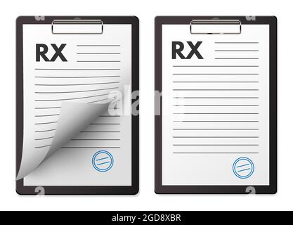 RX Medical Prescription Pad Set. Papiernotizen-Zwischenablage für Berichte und Verordnungen für Vektordarstellungen von Patienten. Krankenhaus- oder Klinikdokument auf t Stock Vektor