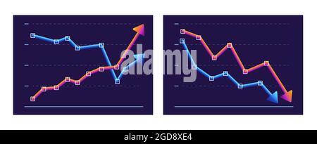 Geschäftsdiagramm mit zwei Pfeilen nach oben und unten. Gewinnwachstum und -Rückgang. Stock Vektor