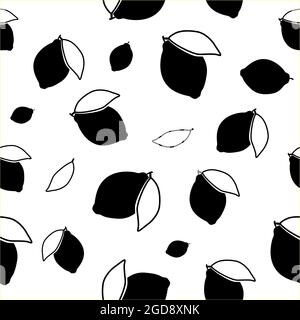 Schwarz-weißes Muster mit Zitrone. Nahtloses Muster mit Zitrone und Blättern. Stock Vektor