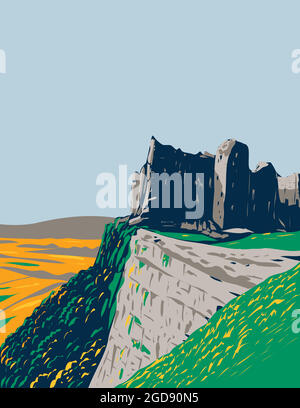 Art Deco- oder WPA-Poster der Burgruinen von Carreg Cennen im Brecon Beacons National Park in Wales, Großbritannien, in Projektwerbung umgesetzt Stock Vektor