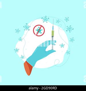 Hand in medizinischen Handschuhen mit einer Spritze, Impfung gegen Virus, Vektor-Illustration in flacher Form Stock Vektor