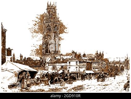 Ein alter Stich aus dem Jahr 1890 des Marktfleckens Boston, Licolnshire, England mit Boston Stump (St. Botolph's Pfarrkirche Turm) und dem Angel Inn in der Mitte. Der Turm (266 Fuß 9 Zoll (81.31 m) hoch) diente seit Jahrhunderten als Wahrzeichen von Land und Meer und ist einer der höchsten mittelalterlichen Türme des Landes. Heiliger Botolph, auch bekannt als Botwulf von Thorney, Botulph & Botulf; (gestorben um 680) und war ein englischer Abt und schutzpatron der Grenzen, Grenzen, Handelsreisen und landwirtschaftlichen Aktivitäten. Stockfoto