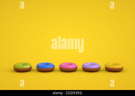 Grafische 3d-Modelle von glasierten Donuts auf einem gelben isolierten Hintergrund. Modelle von verschieden farbigen Donuts liegen in einer Reihe. Runde Glasierte Donuts Stockfoto