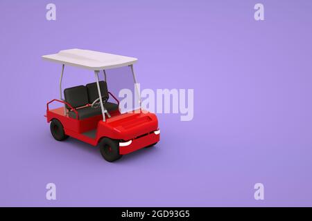 Isometrisches Modell eines Sportgolfwagens für Touristen. Rotes Golfauto auf einem rosa, lila isolierten Hintergrund. 3D-Grafiken, Nahaufnahme Stockfoto