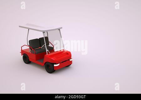 3D-Modell eines elektrischen roten Golfwagens. Golfplatz Sportwagen auf lila isolierten Hintergrund. 3d-Bild eines Golfwagens Stockfoto