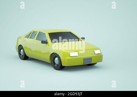 3d-Modell eines gelben Autos auf einem weißen isolierten Hintergrund. Gewöhnliches realistisches gelbes isometrisches Auto auf weißem Hintergrund. Gelbes Auto mit seinen Scheinwerfern Stockfoto