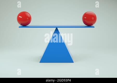 3d-Modell des Balancing rote Kugeln auf einer Skala. Blaue Balancierskalen mit roten Kugeln auf weißem, isoliertem Hintergrund. Nahaufnahme Stockfoto