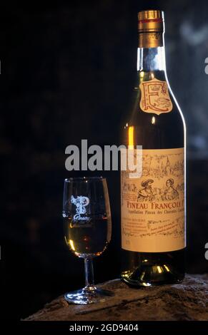 FRANKREICH. CHARENTE (16) WEINGARTEN COGNAC, CHAMPAGNER CHARENTAISE, ANGEAC, DOMAINE DES GATINAUDS, GLAS UND FLASCHE ALTEN PINEAU Stockfoto