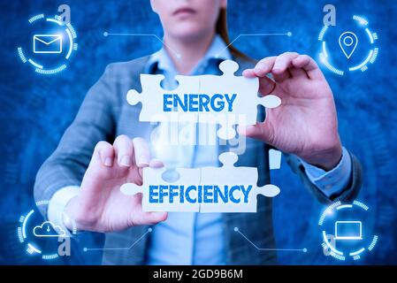 Schild mit der Anzeige „Energieeffizienz“. Internet-Konzept Reduzieren Sie die Menge an Energie benötigt, um Produkt Business Woman Holding Puzzle Stück liefern Stockfoto