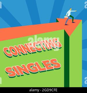 Schild mit Verbindungs-Singles. Internet-Konzept Online-Dating-Website für Singles ohne versteckte Gebühren Mann Illustration tragen Koffer auf Stockfoto