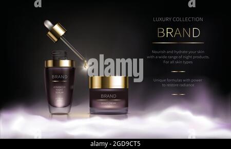 Nachtkosmetikserie für die Gesichtspflege, realistischer Vektor. Violettes Glas mit Gesichtscreme und flüssigem, revitalisierendem Serum mit tropfender Pipette. Kosmetik steht auf weißer, flauschiger Wolke auf dunklem Hintergrund Stock Vektor