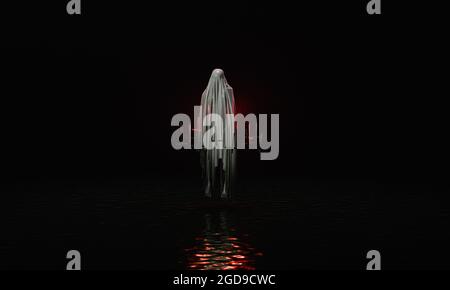 geist mit dunklem Tuch und roter Beleuchtung mit umgekehrten Kreuzen um ihn herum über einem düsteren See. Halloween und Horror-Konzept. 3d-Rendering Stockfoto