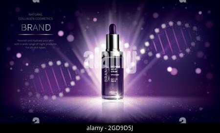 Vektor realistische kosmetische Anzeigen Poster. Intelligente Hautpflegekosmetik, Nachtserum mit Kollagen auf violettem Hintergrund mit DNA-Helix. Produkt für Hautschönheit, Modell für Hochglanzmagazin, Katalog Stock Vektor