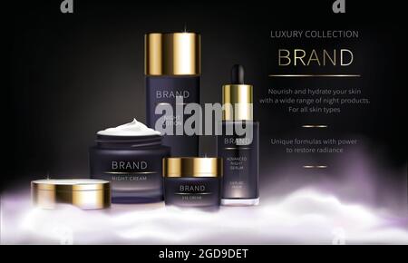 Nachtkosmetikserie für die Gesichtspflege, realistischer Vektor. Lila Glas mit Gesichtscreme und Augen mit offenem Deckel und flüssigem revitalisierendem Serum. Kosmetik steht auf weißer, flauschiger Wolke auf dunklem Hintergrund Stock Vektor