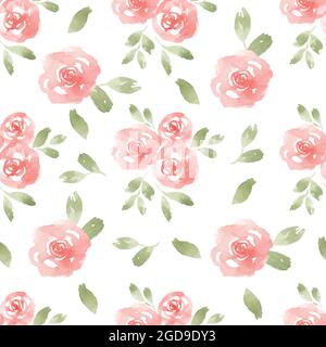 Abstraktes Muster mit rosa Rosenblüten und in Aquarell gezeichneten Blättern Stock Vektor