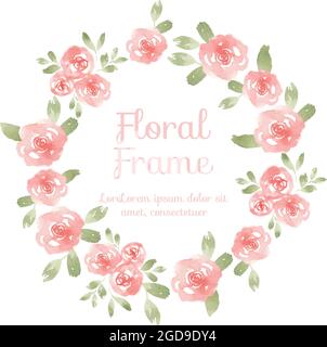 Rahmen mit rosa Rosenblüten und in Aquarell gezeichneten Blättern Stock Vektor